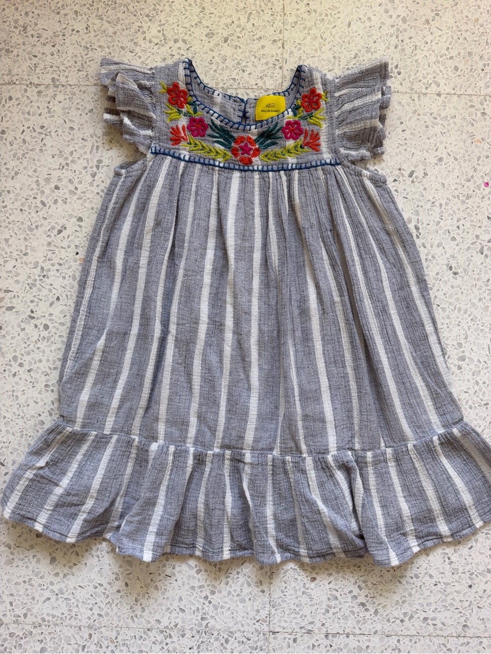 Roller Rabbit Gray and White Striped Embroidered Flutter-Sleeve Dress